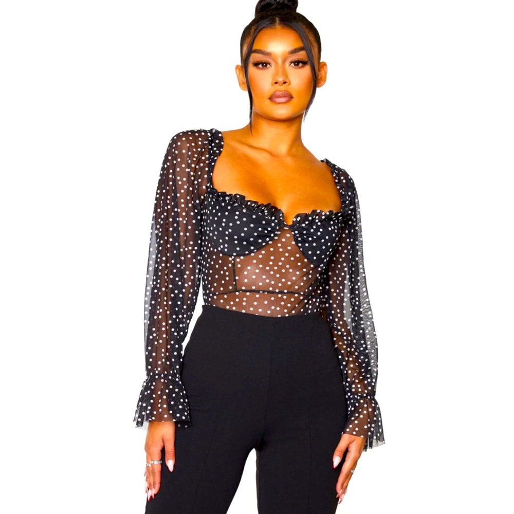 Black mesh polka dot bodysuit